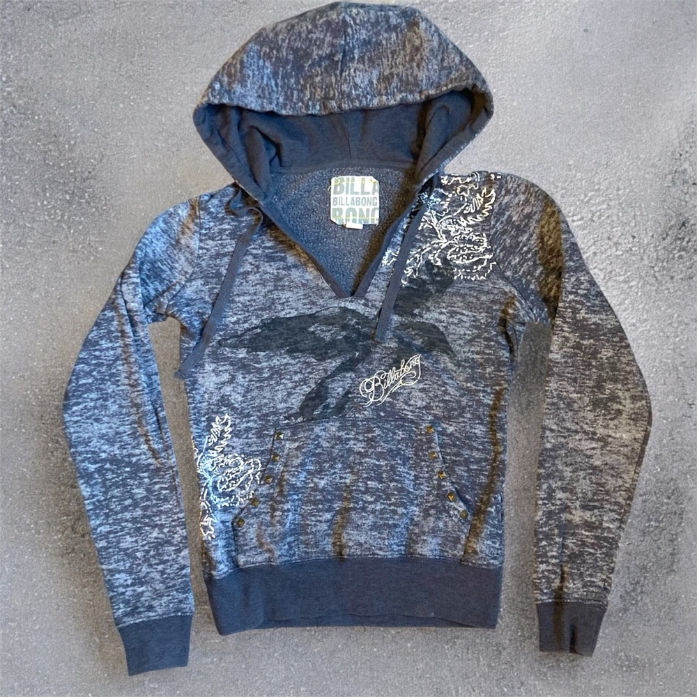 Billabong Blue and Grey heather color hoodie embroidered with rhinestones